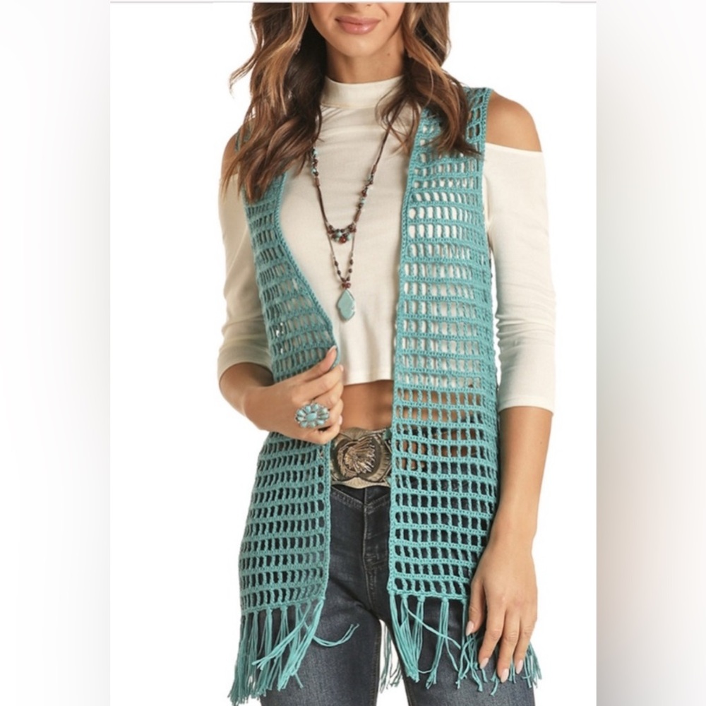 ROCK&ROLL Teal Crochet Open Vest